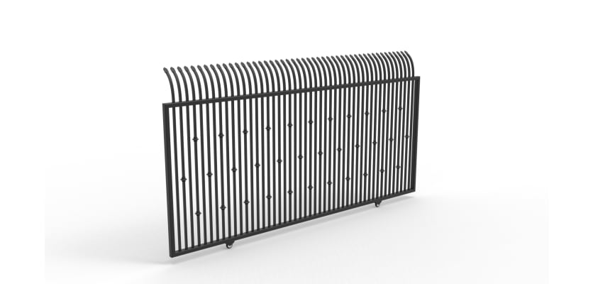 Black metal sliding gate with curved top and decorative knuckle accents