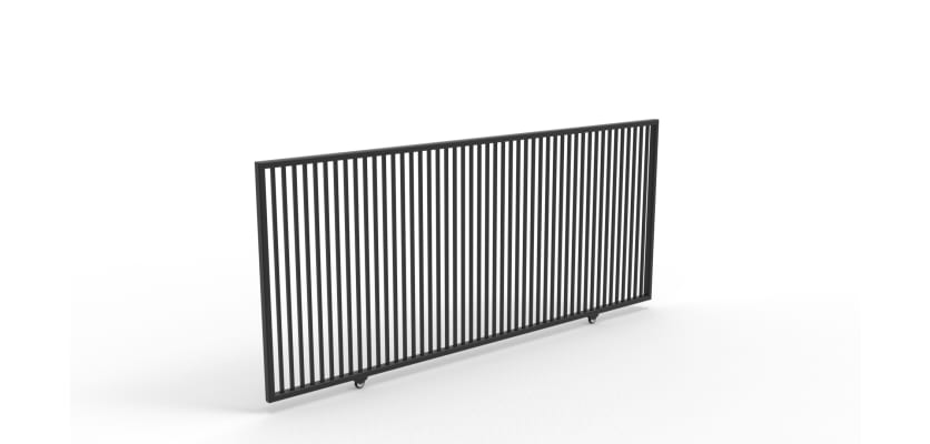 Black metal sliding gate with flat top and vertical bars
