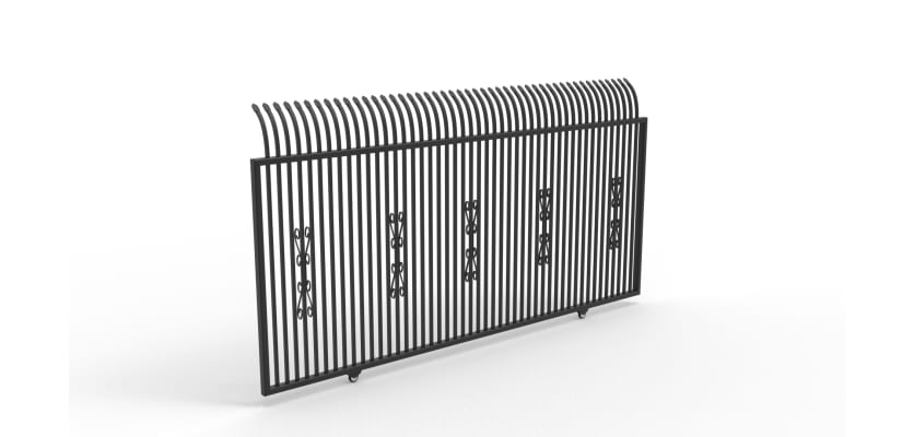 Modern security driveway gate featuring a curved top and iron flower ornamentation.