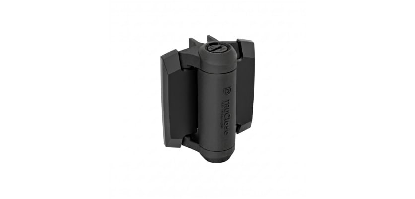 Self-closing black polymer TruClose Series 3 hinges featuring adjustable spring tension.