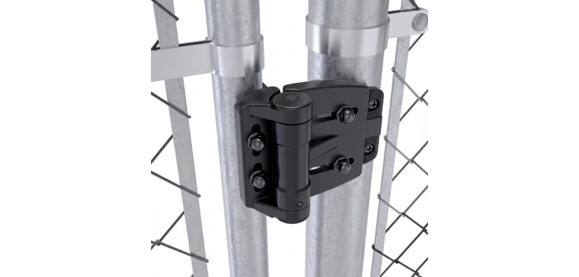 Rust-proof D&D TruClose Mini Multi-Adjust hardware for tubular metal fence posts