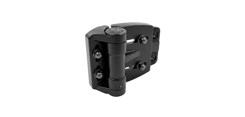 D&D TruClose Mini Multi-Adjust Round Post Hinge in black polymer.