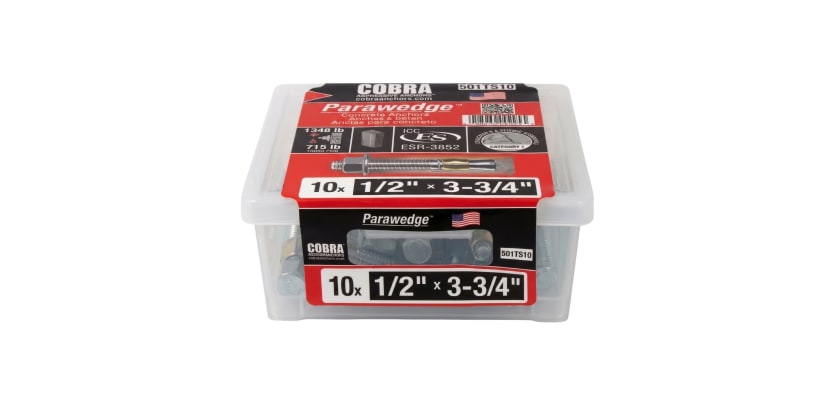 Ten pack of one half inch Cobra Parawedge anchors with nuts and washers