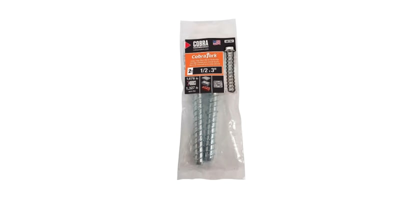 Two piece pack of one half inch by three inch Cobra Tork concrete screw anchors.