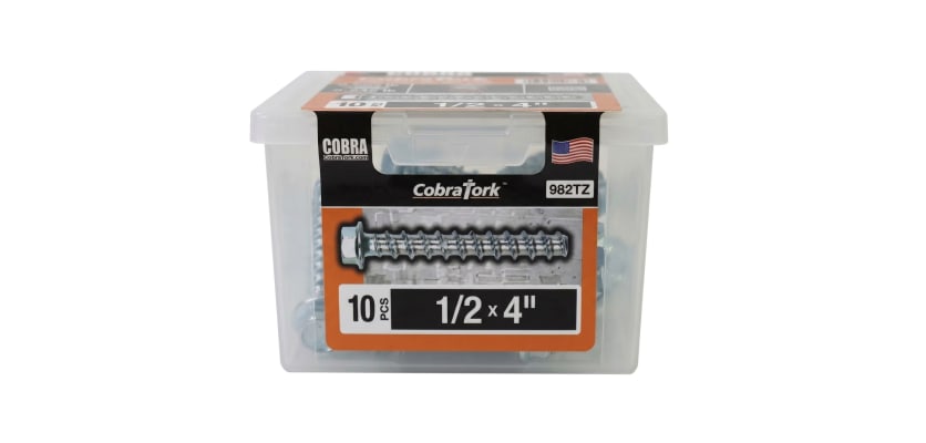 Ten piece contractor box of one half inch by four inch Cobra Tork concrete screw anchors