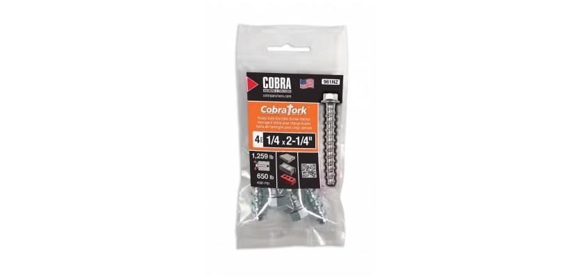 Four piece pack of one quarter inch by two and a quarter inch Cobra Tork masonry anchors