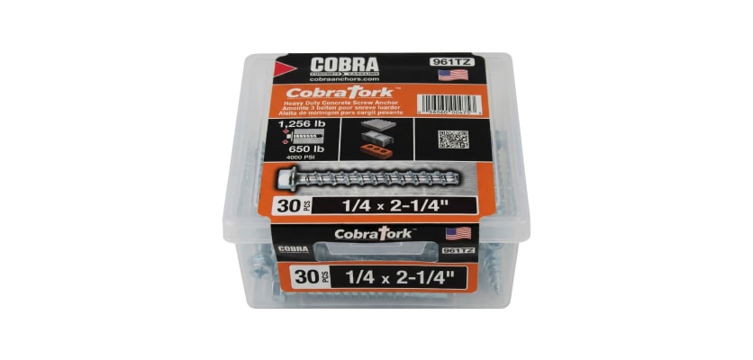 Bulk thirty count box of one quarter inch Cobra Tork concrete screw anchors