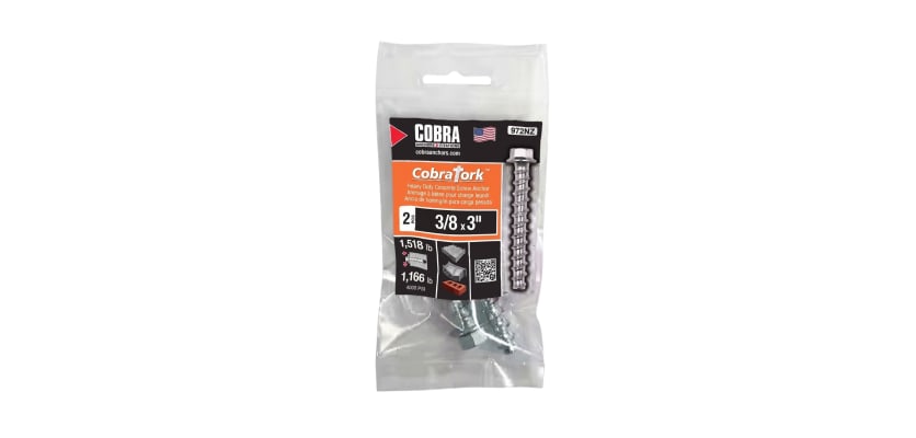 Two piece pack of standard three eighth inch by three inch Cobra Tork concrete screw anchors