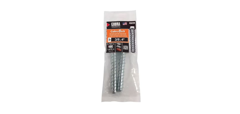 Two piece pack of three eighth inch by four inch Cobra Tork concrete screw anchors
