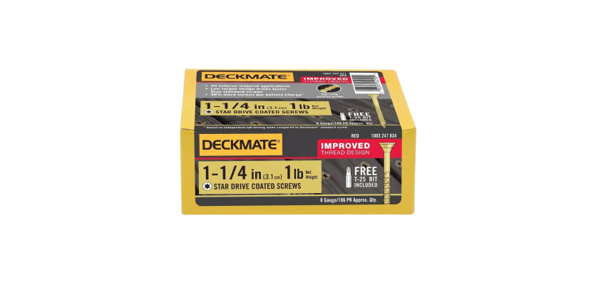A one pound box of 1-1/4" Deckmate Screws for outdoor timber construction.