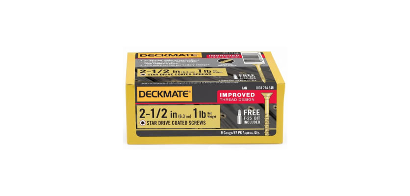 A one pound box of 2-1/2" Deckmate Screws for deep wood joints