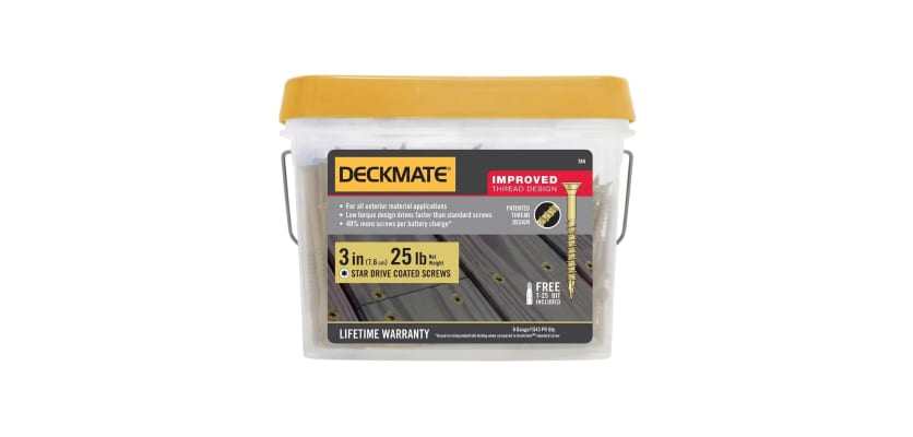 A twenty five pound bulk bucket of 3" Deckmate Screws for large construction sites.