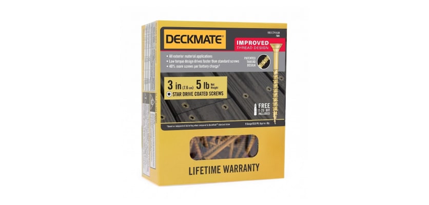 A five pound bulk box of 3" Deckmate Screws for professional commercial carpentry